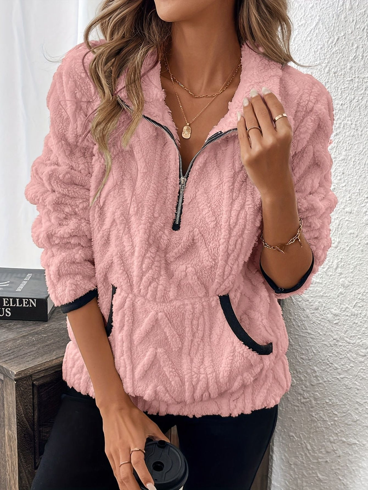 Pull polaire femme à col montant et demi-zip coupe ample 3