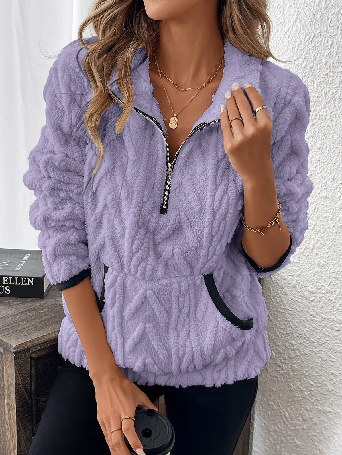 Pull polaire femme à col montant et demi-zip coupe ample 5