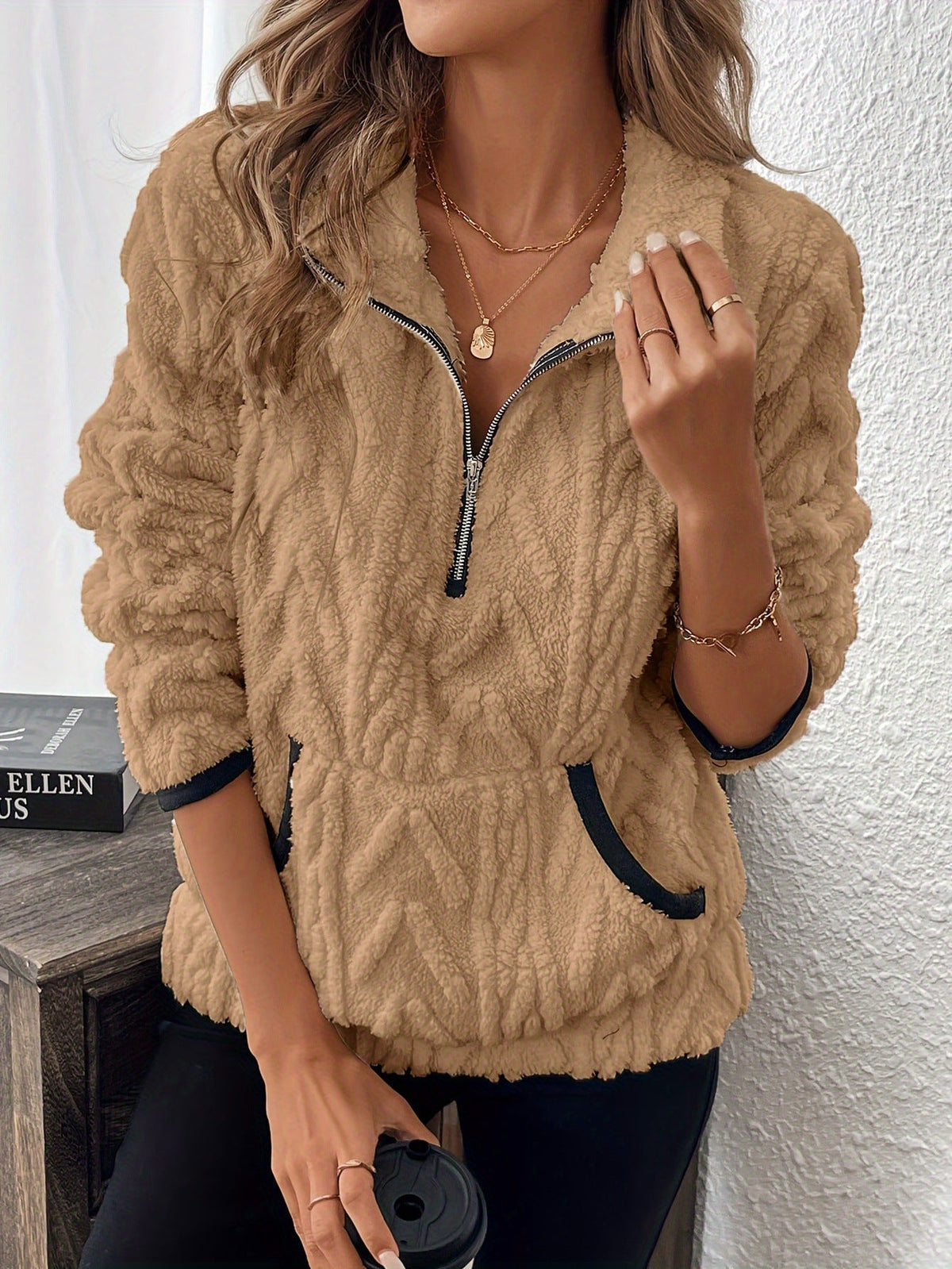 Pull polaire femme à col montant et demi-zip coupe ample 6