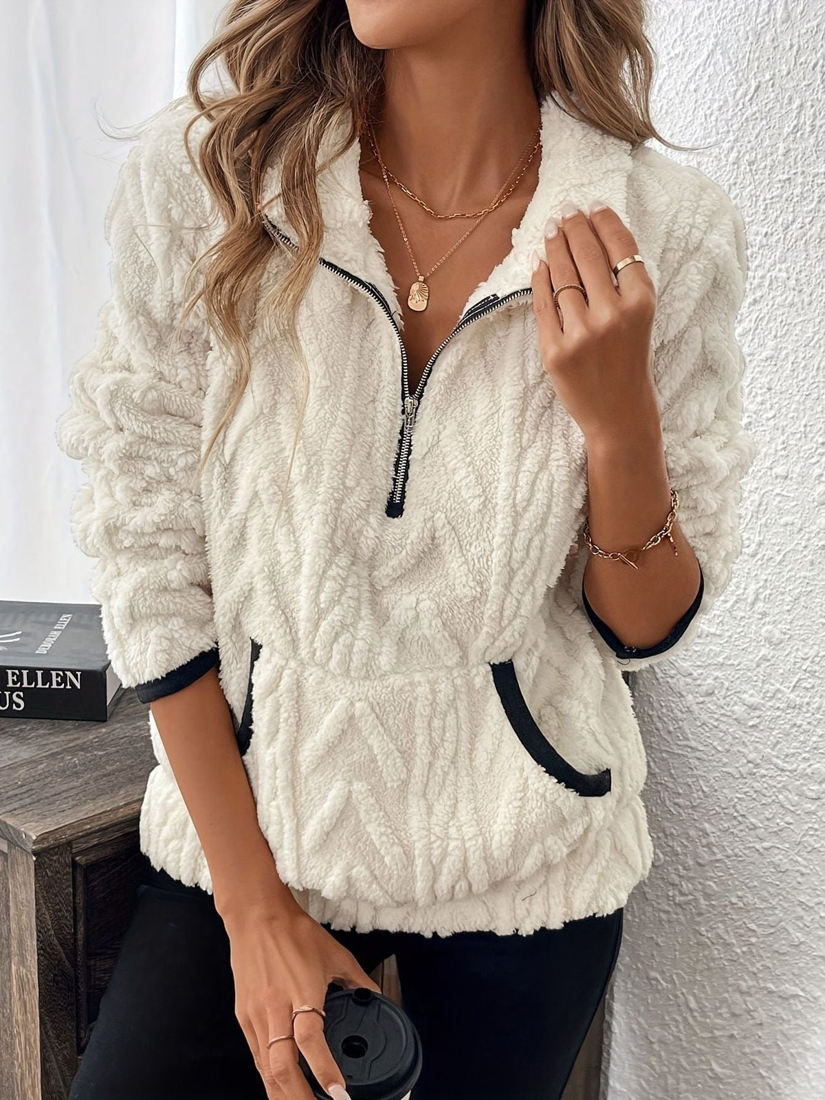 Pull polaire femme à col montant et demi-zip coupe ample 7