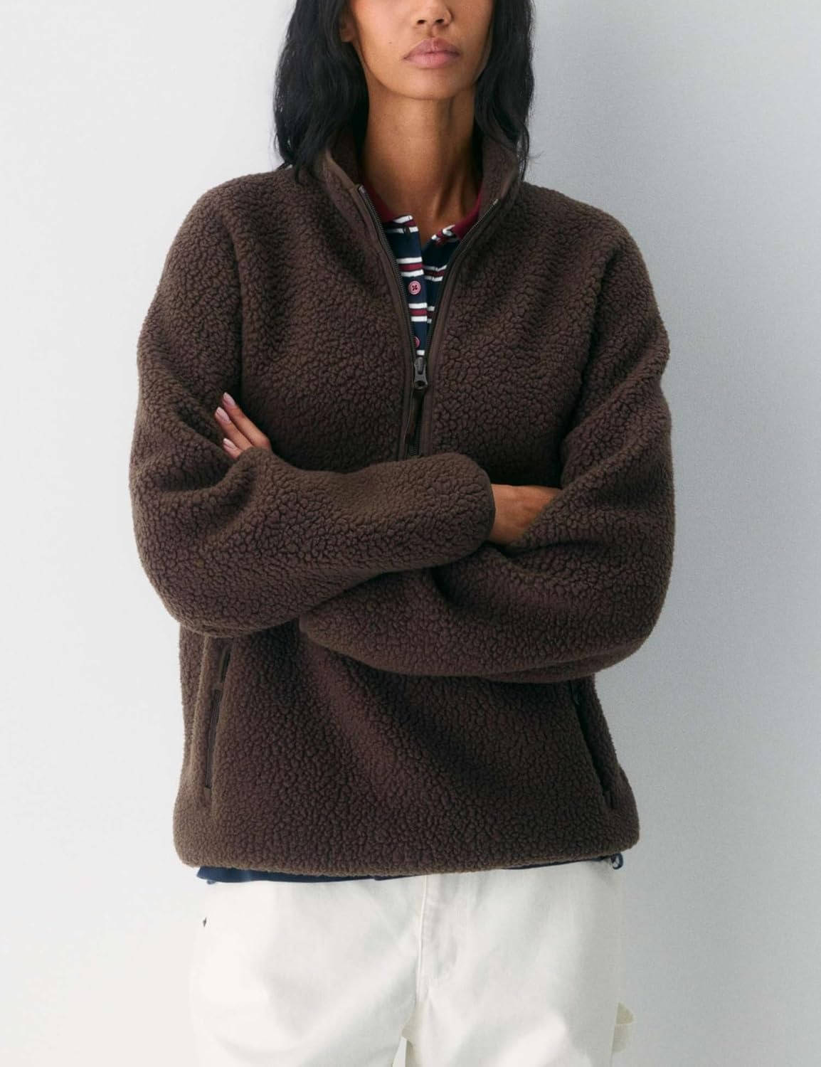 Pull polaire femme en sherpa à col montant et demi-zip manches longues 4