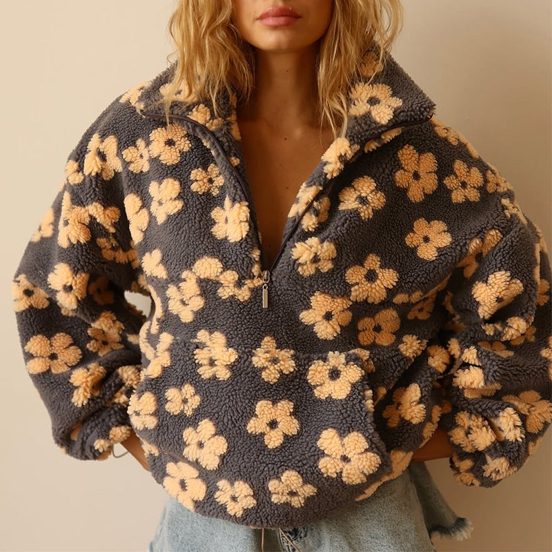 Pull polaire femme en sherpa à motif floral col polo et demi-zip 1