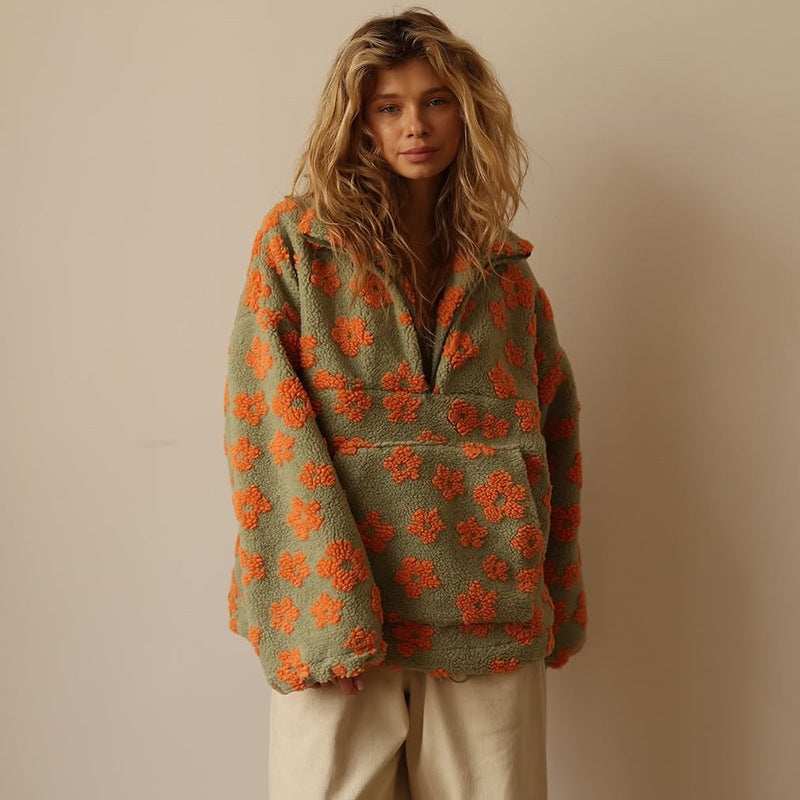 Pull polaire femme en sherpa à motif floral col polo et demi-zip 3