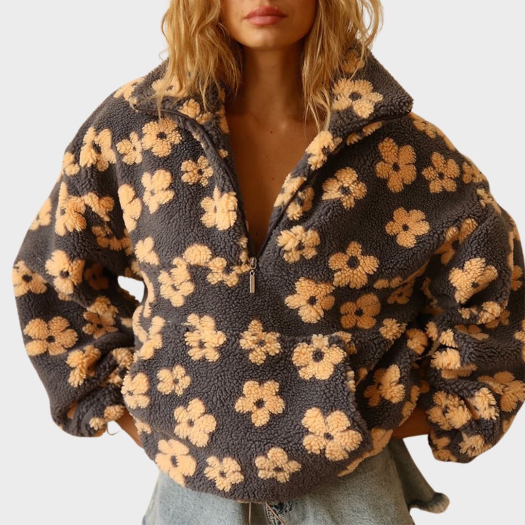 Pull polaire femme en sherpa à motif floral col polo et demi-zip 4