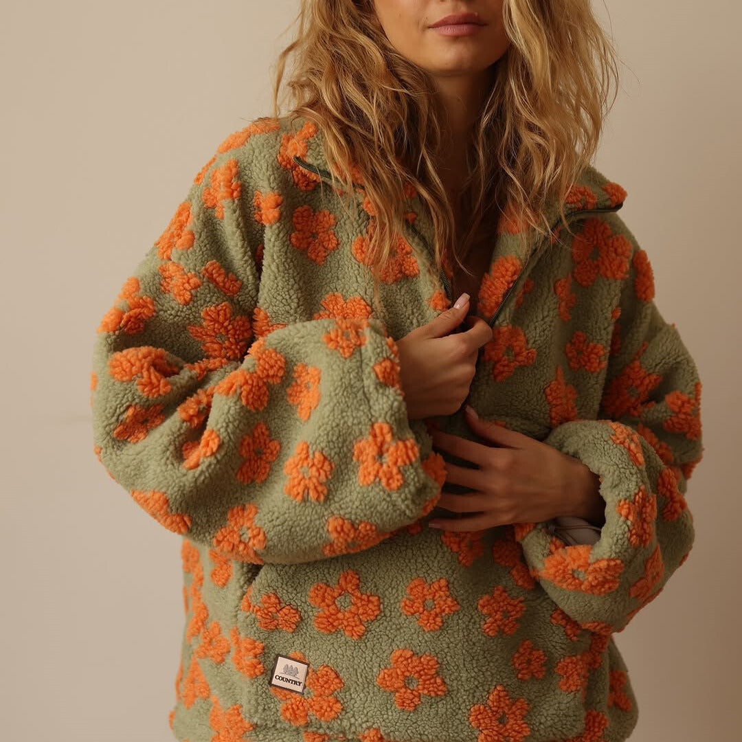 Pull polaire femme en sherpa à motif floral col polo et demi-zip 9