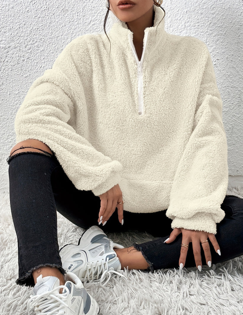 Pull polaire femme moelleux à col montant zippé coupe oversize 1