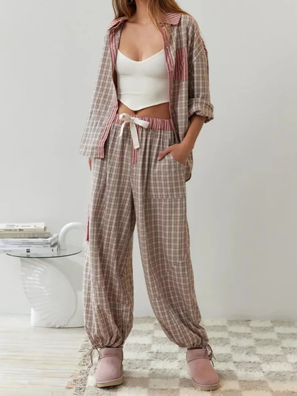 Pyjama femme deux pièces à carreaux chemise boutonnée et pantalon long 6