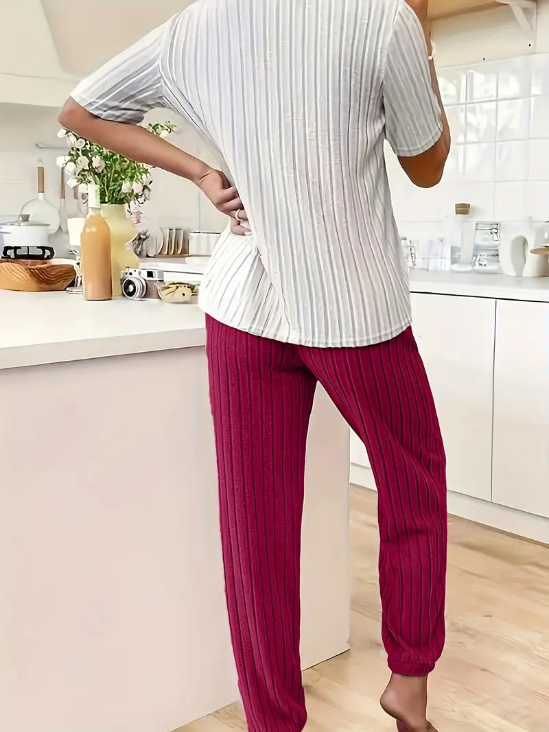 Pyjama femme deux pièces à motif cœur en maille côtelée manches courtes 8