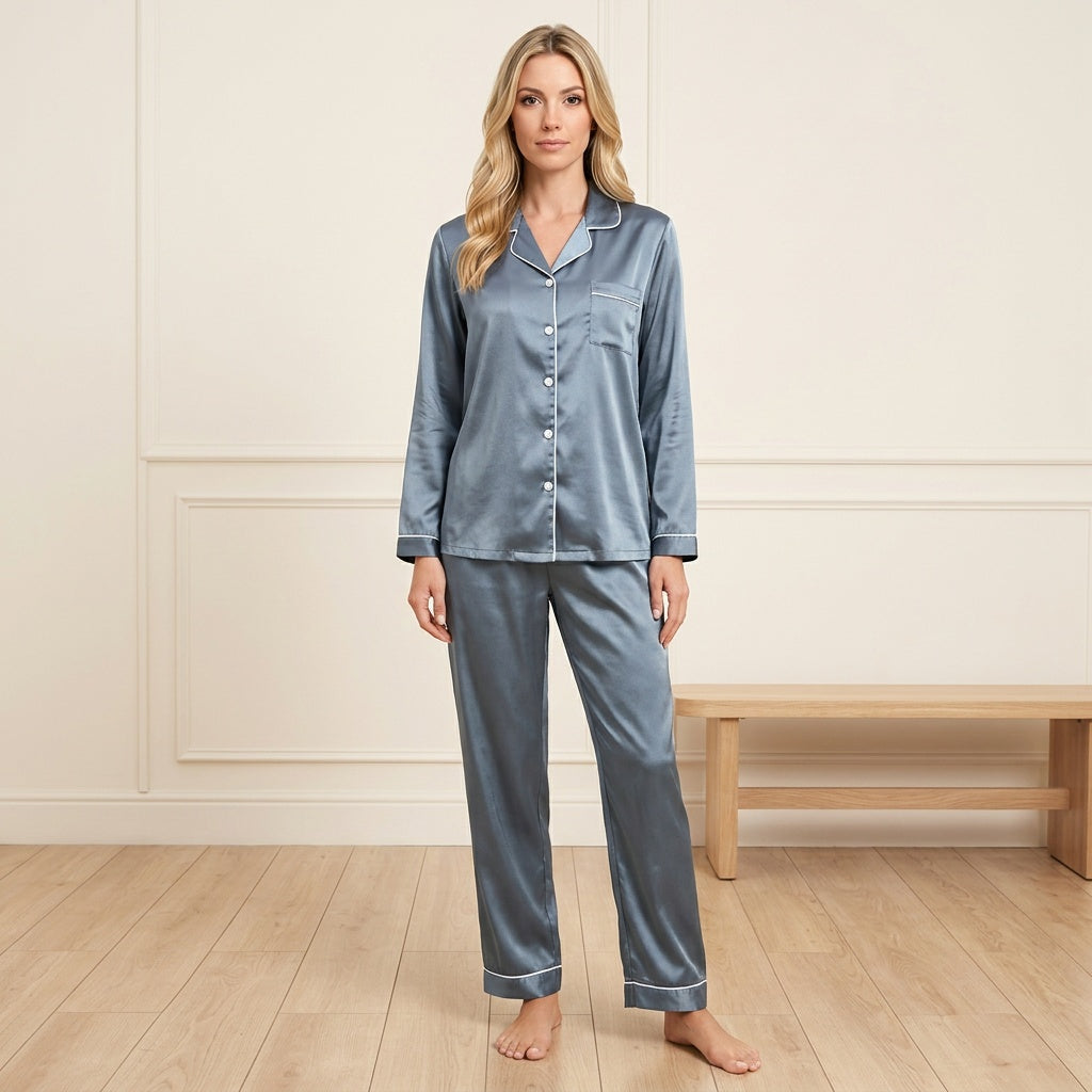 Pyjama femme deux pièces boutonné à col à revers et passepoil contrastant 4