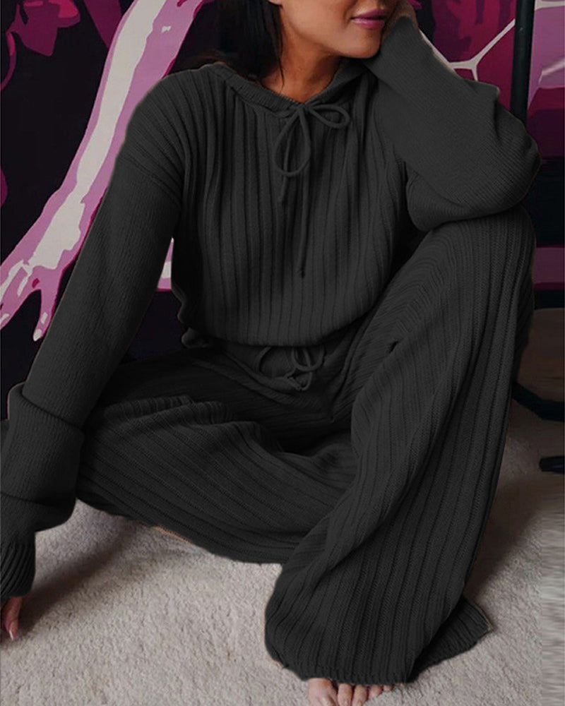 Pyjama femme deux pièces en maille côtelée à capuche et pantalon large 6