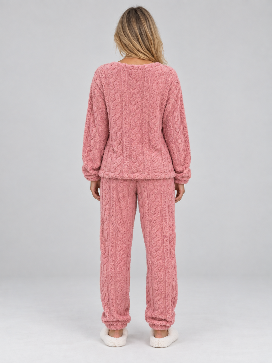 Pyjama femme deux pièces en polaire à maille torsadée col rond et manches longues 4