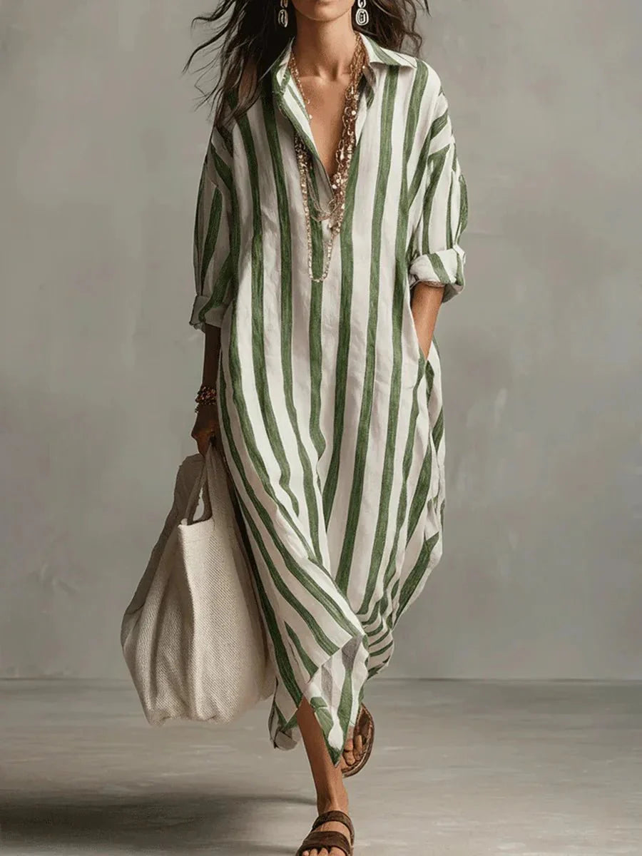 Robe chemise longue en lin à rayures coupe ample avec poches
