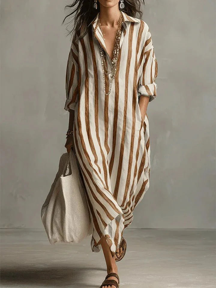 Robe chemise longue en lin à rayures coupe ample avec poches