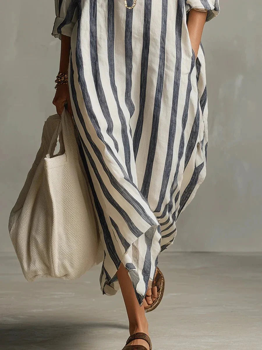 Robe chemise longue en lin à rayures coupe ample avec poches