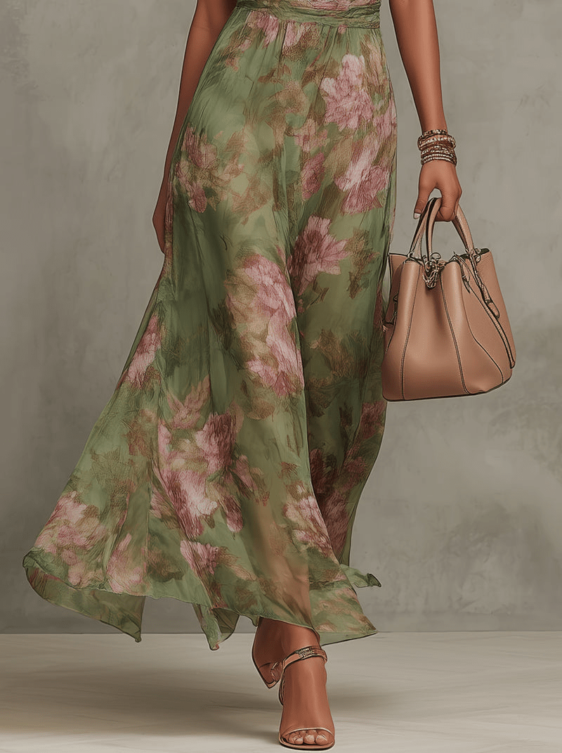 Robe longue florale sans manches à col montant et taille ceinturée