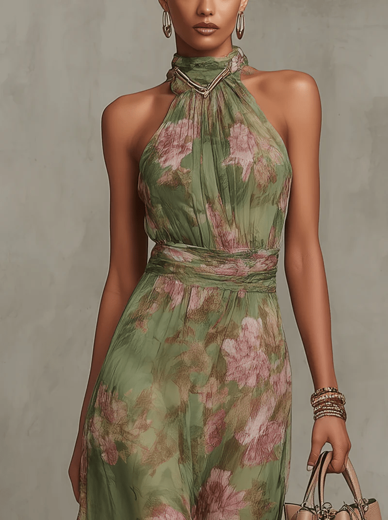Robe longue florale sans manches à col montant et taille ceinturée