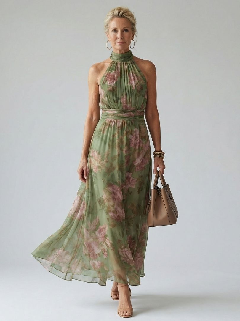 Robe longue florale sans manches à col montant et taille ceinturée