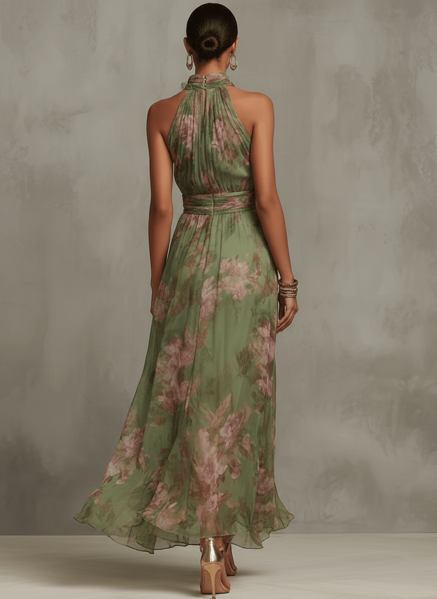 Robe longue florale sans manches à col montant et taille ceinturée