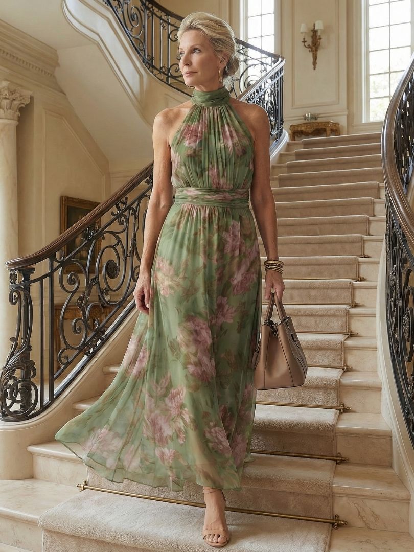 Robe longue florale sans manches à col montant et taille ceinturée