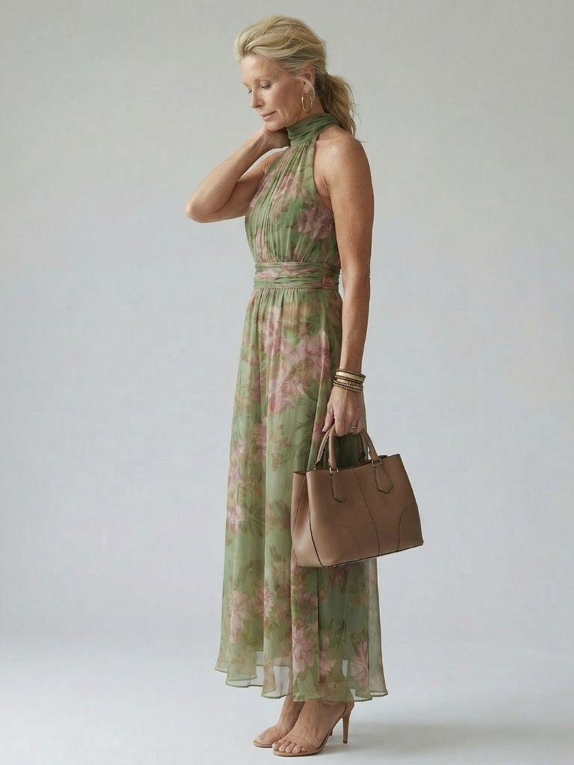 Robe longue florale sans manches à col montant et taille ceinturée