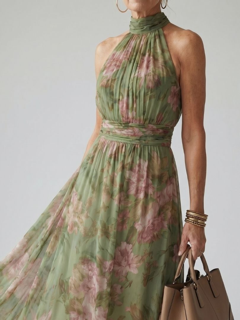 Robe longue florale sans manches à col montant et taille ceinturée