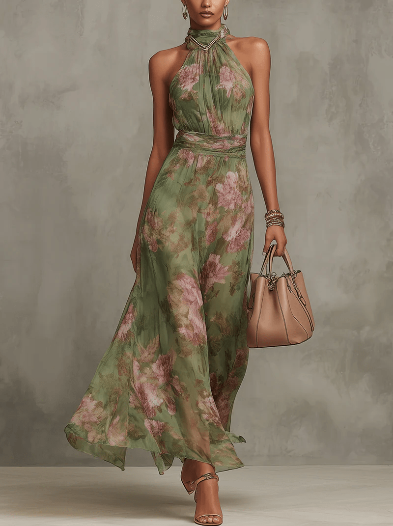 Robe longue florale sans manches à col montant et taille ceinturée