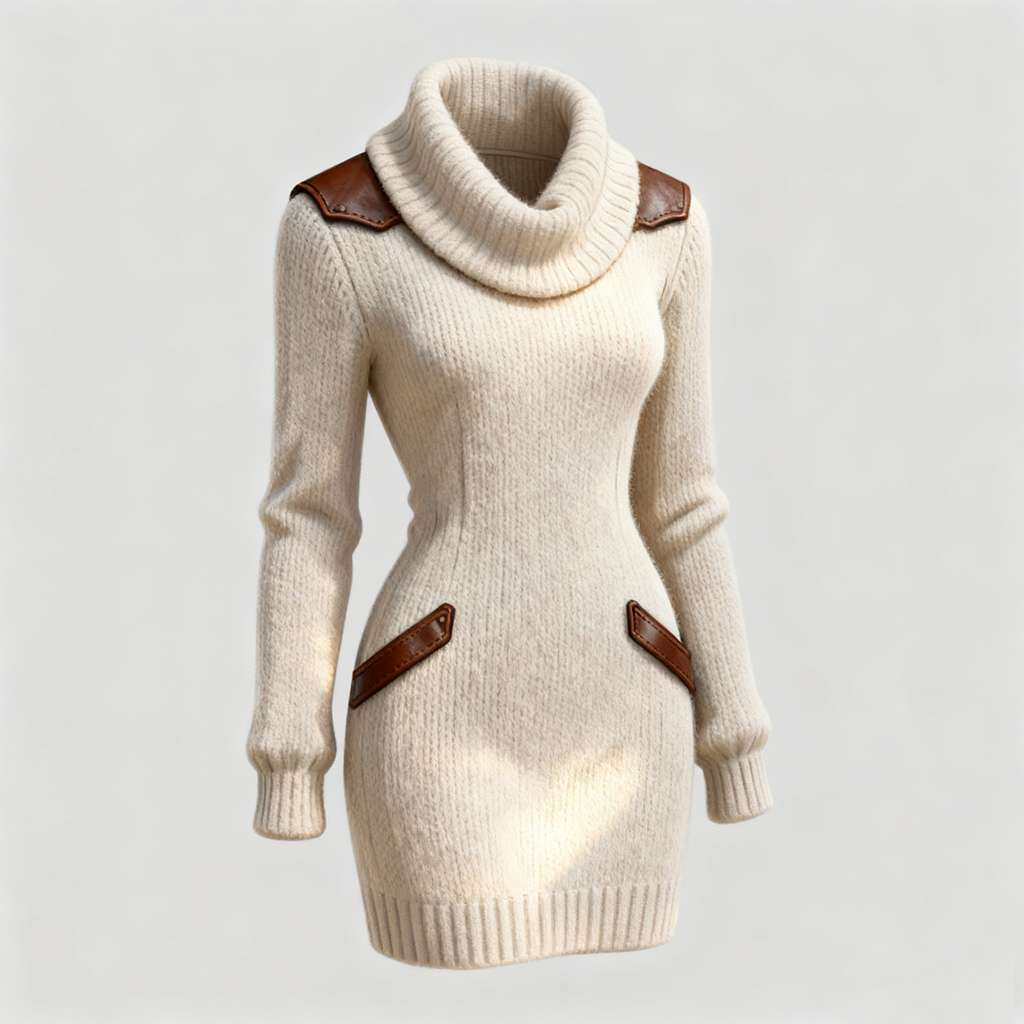 Robe pull courte à col roulé avec détails en cuir 1