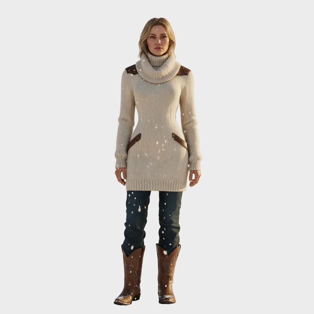 Robe pull courte à col roulé avec détails en cuir 3