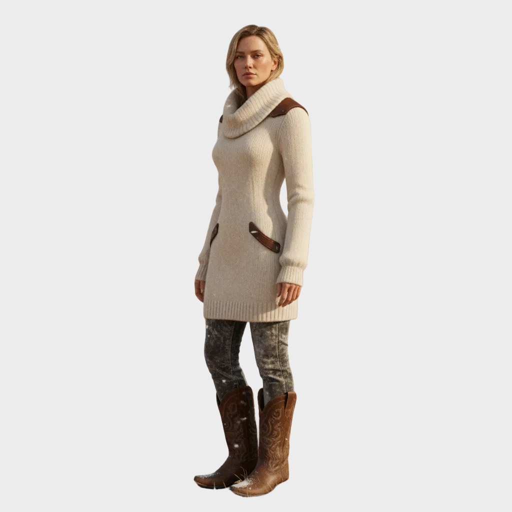 Robe pull courte à col roulé avec détails en cuir 5