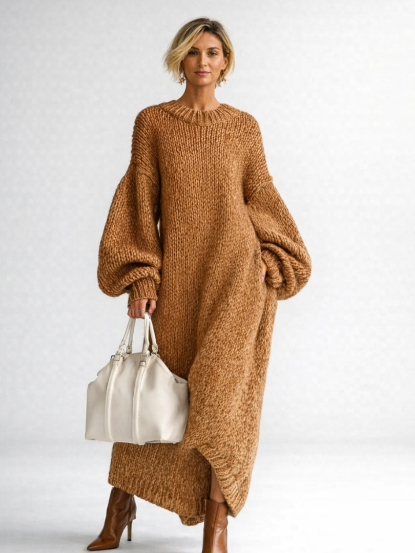 Robe pull longue en maille oversize à col rond 1