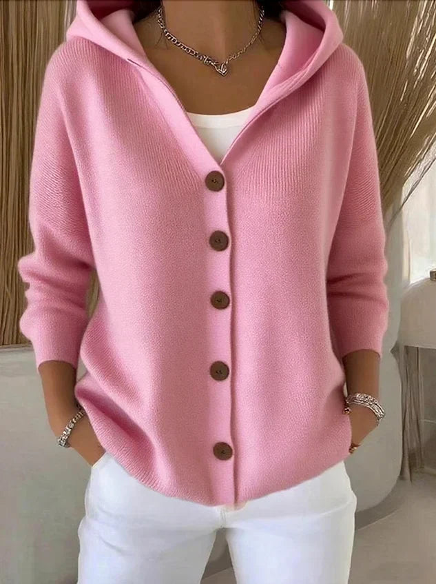Sweat femme à capuche boutonné en maille manches longues 1