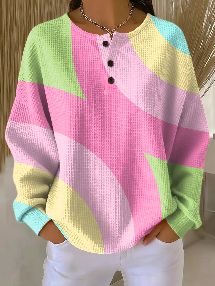 Sweat femme en maille gaufrée à motif géométrique col boutonné 1