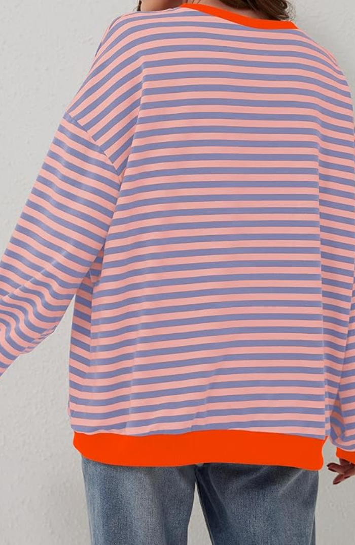 Sweat femme oversize à rayures col rond manches longues 9