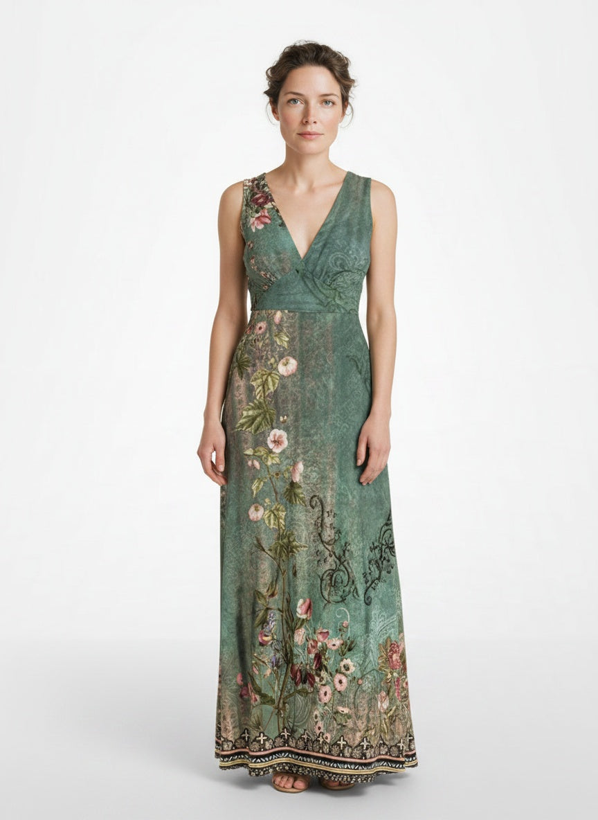 Full body view of the model wearing Robe d'été maxi légère à décolleté plongeant en V et imprimé floral femme