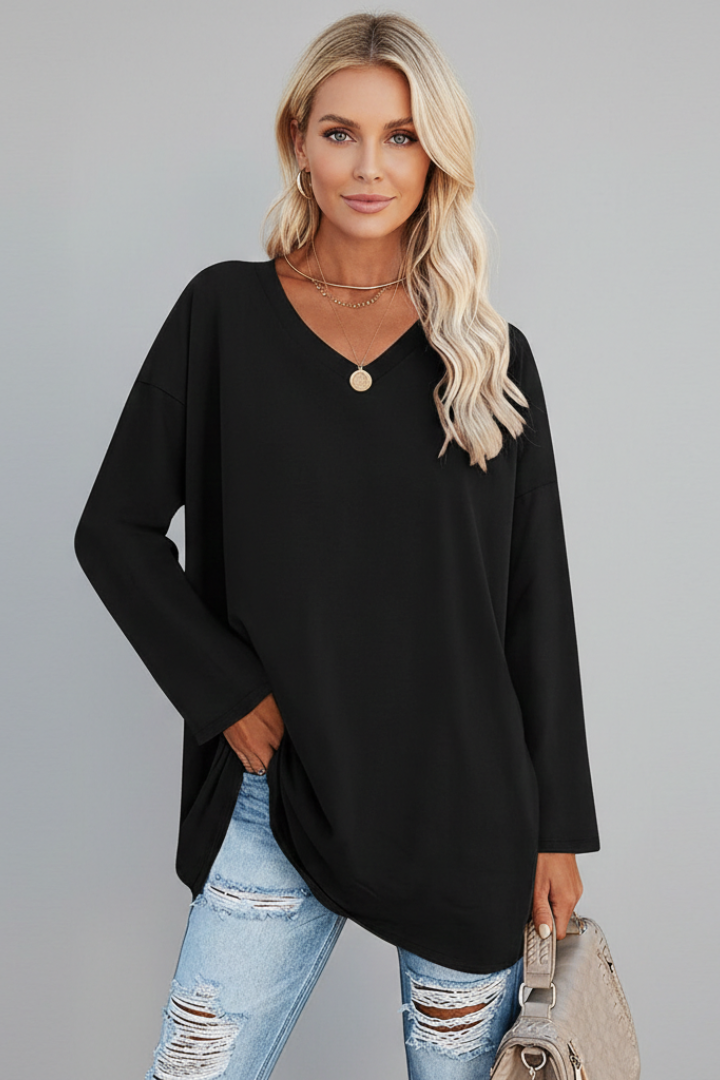 T-shirt manches longues femme à col en V, coupe ample et ourlet allongé 1