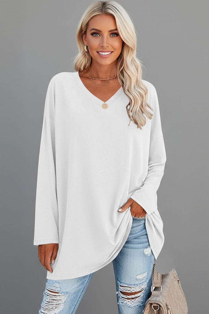 T-shirt manches longues femme à col en V, coupe ample et ourlet allongé 11