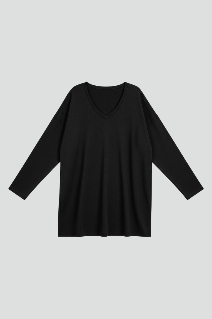 T-shirt manches longues femme à col en V, coupe ample et ourlet allongé 12
