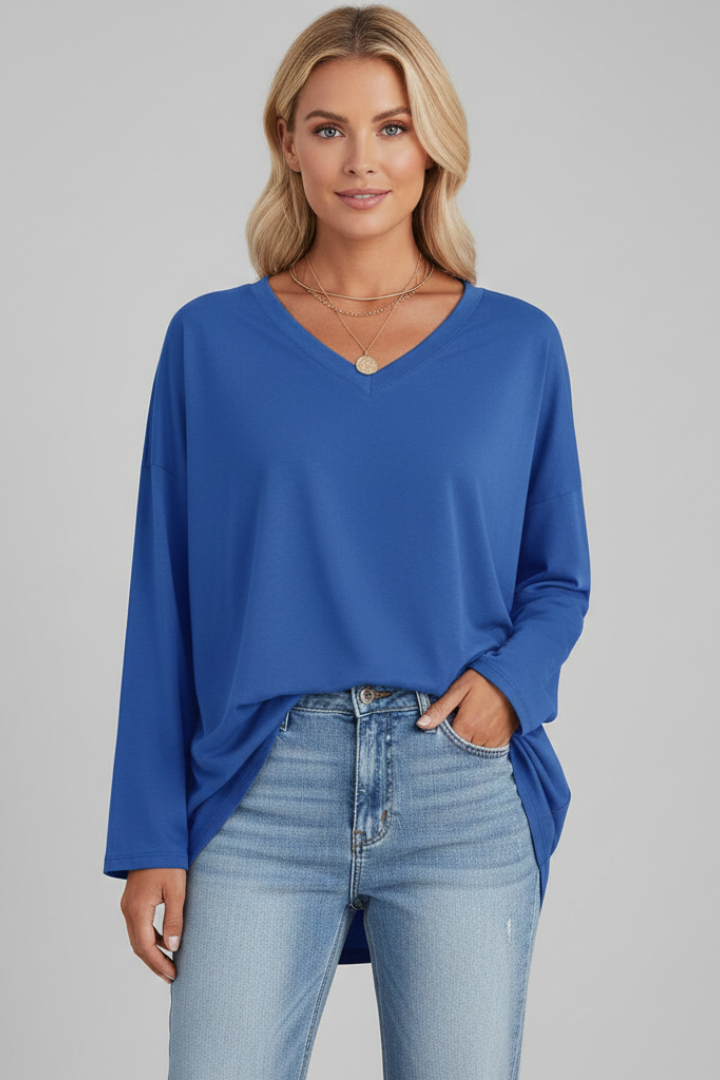 T-shirt manches longues femme à col en V, coupe ample et ourlet allongé 2