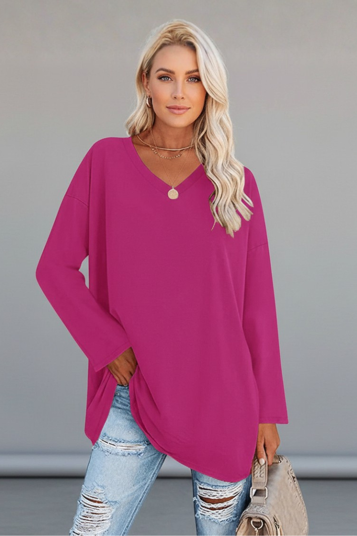T-shirt manches longues femme à col en V, coupe ample et ourlet allongé 7