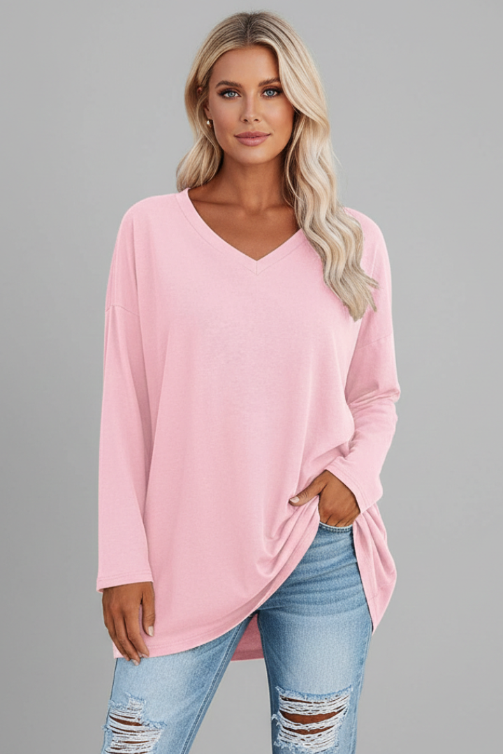 T-shirt manches longues femme à col en V, coupe ample et ourlet allongé 9