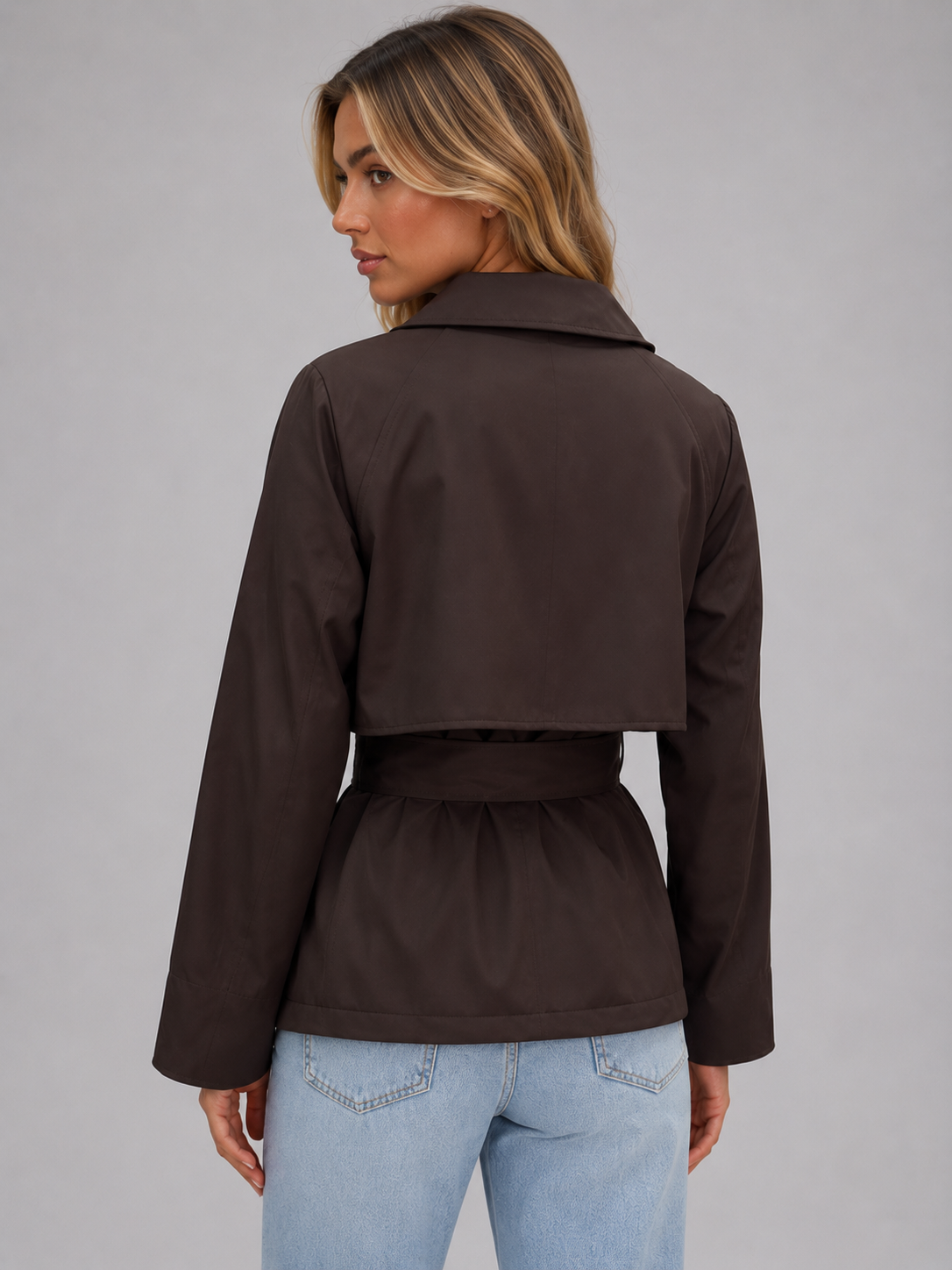 Trench court femme en gabardine ceinturé à double boutonnage 4