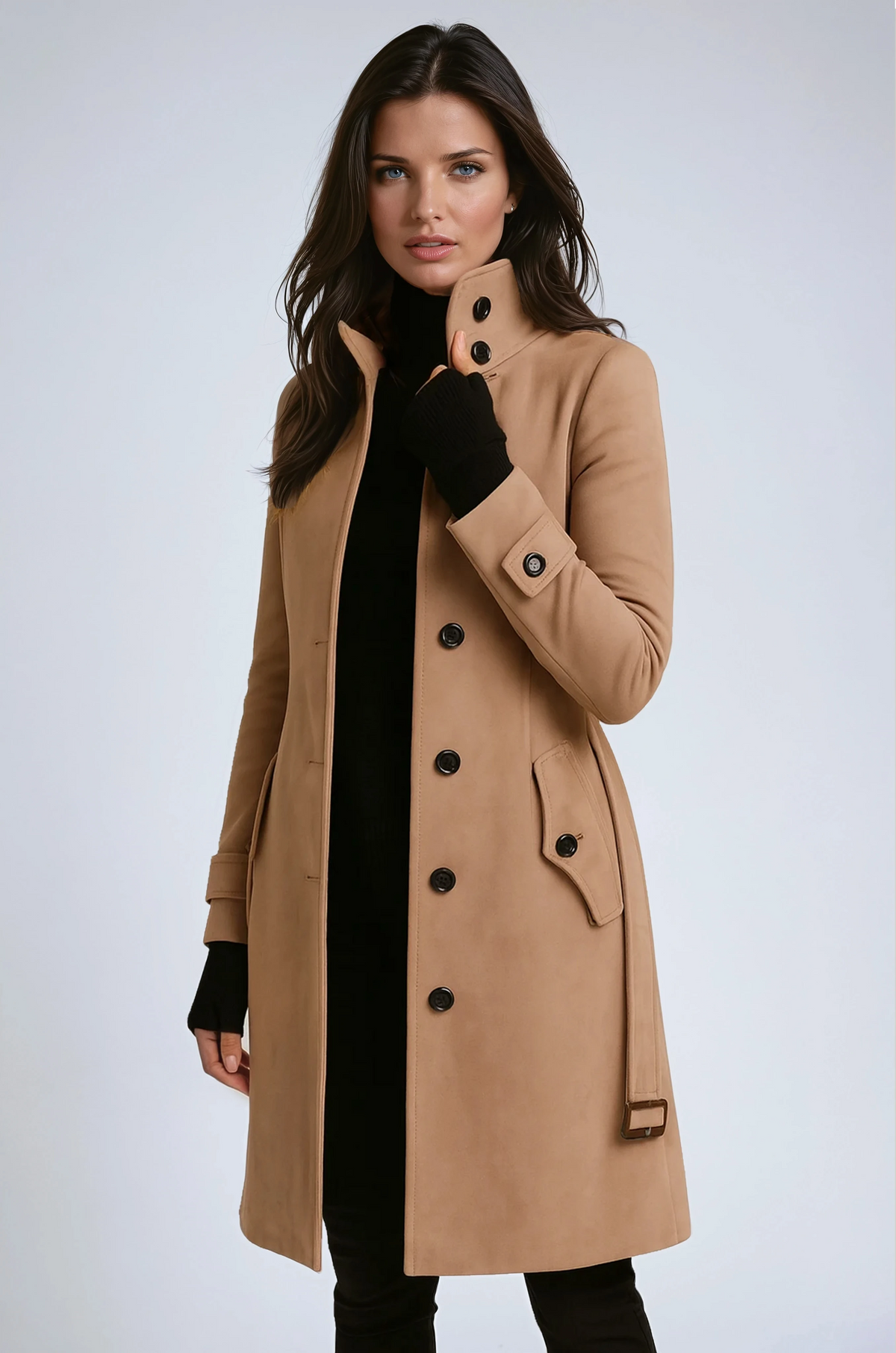 Trench d'hiver long femme à col montant et boutonnage classique 1