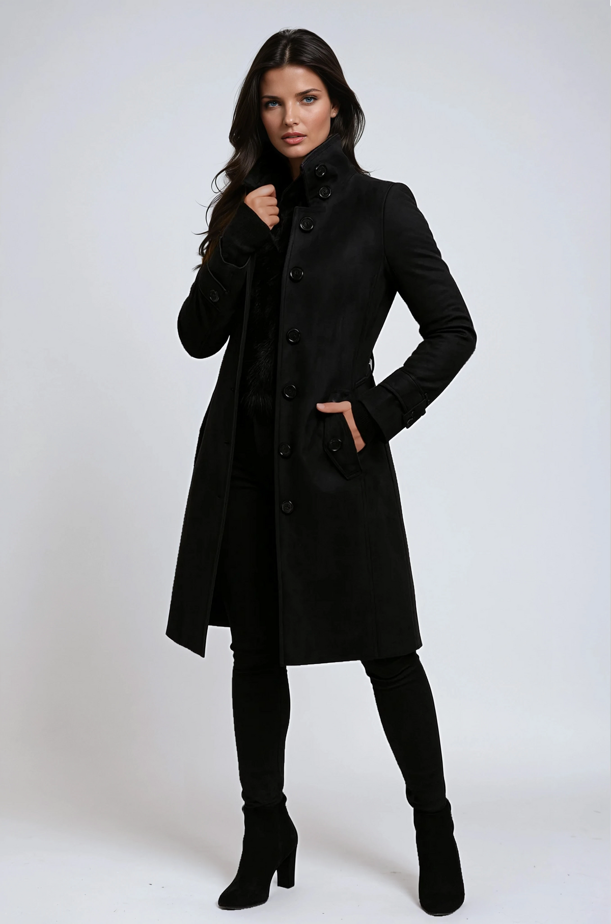 Trench d'hiver long femme à col montant et boutonnage classique 4