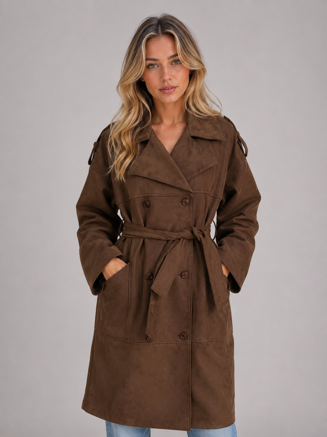 Trench femme long effet daim ceinturé à double boutonnage 1