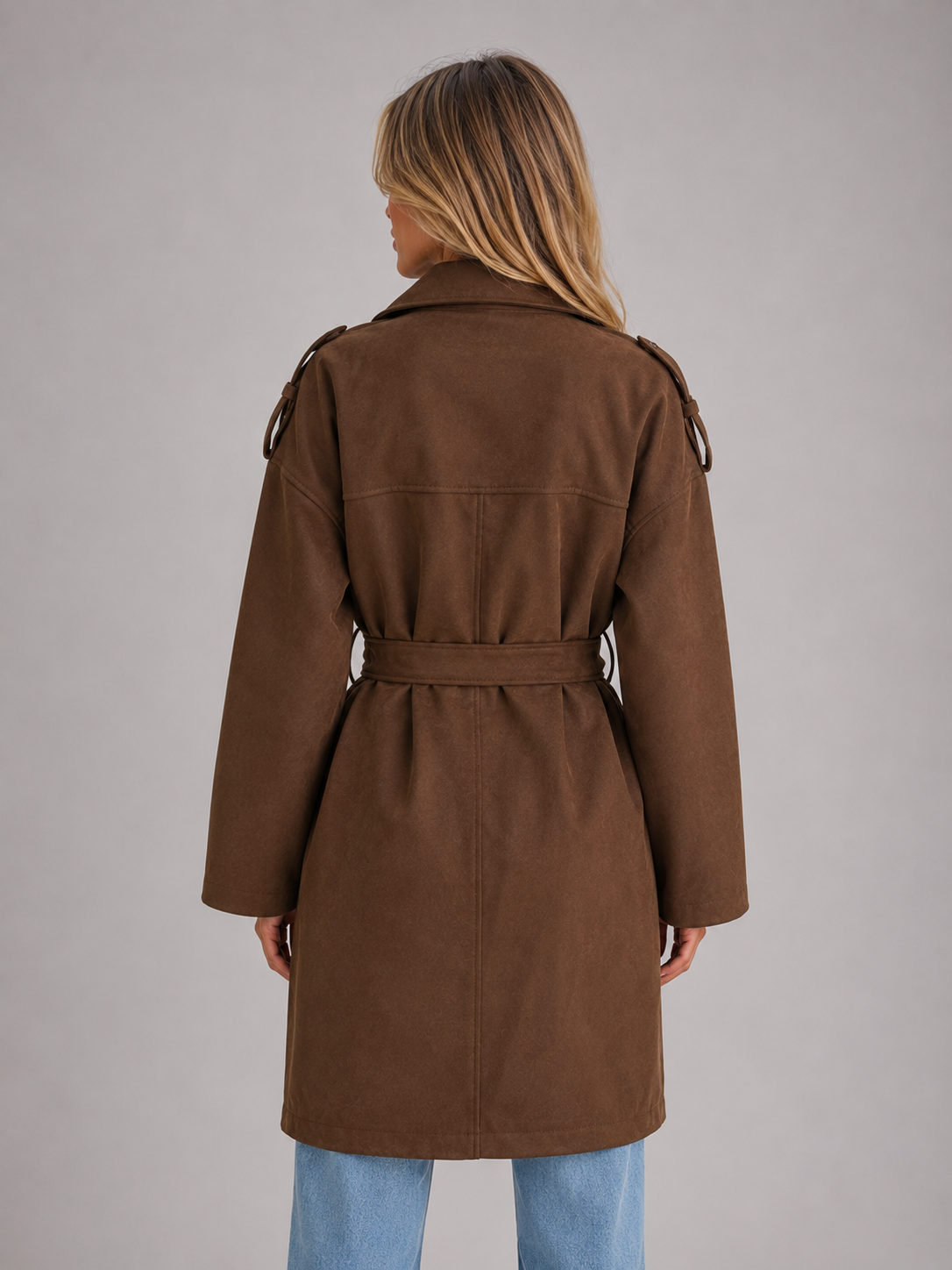 Trench femme long effet daim ceinturé à double boutonnage 2