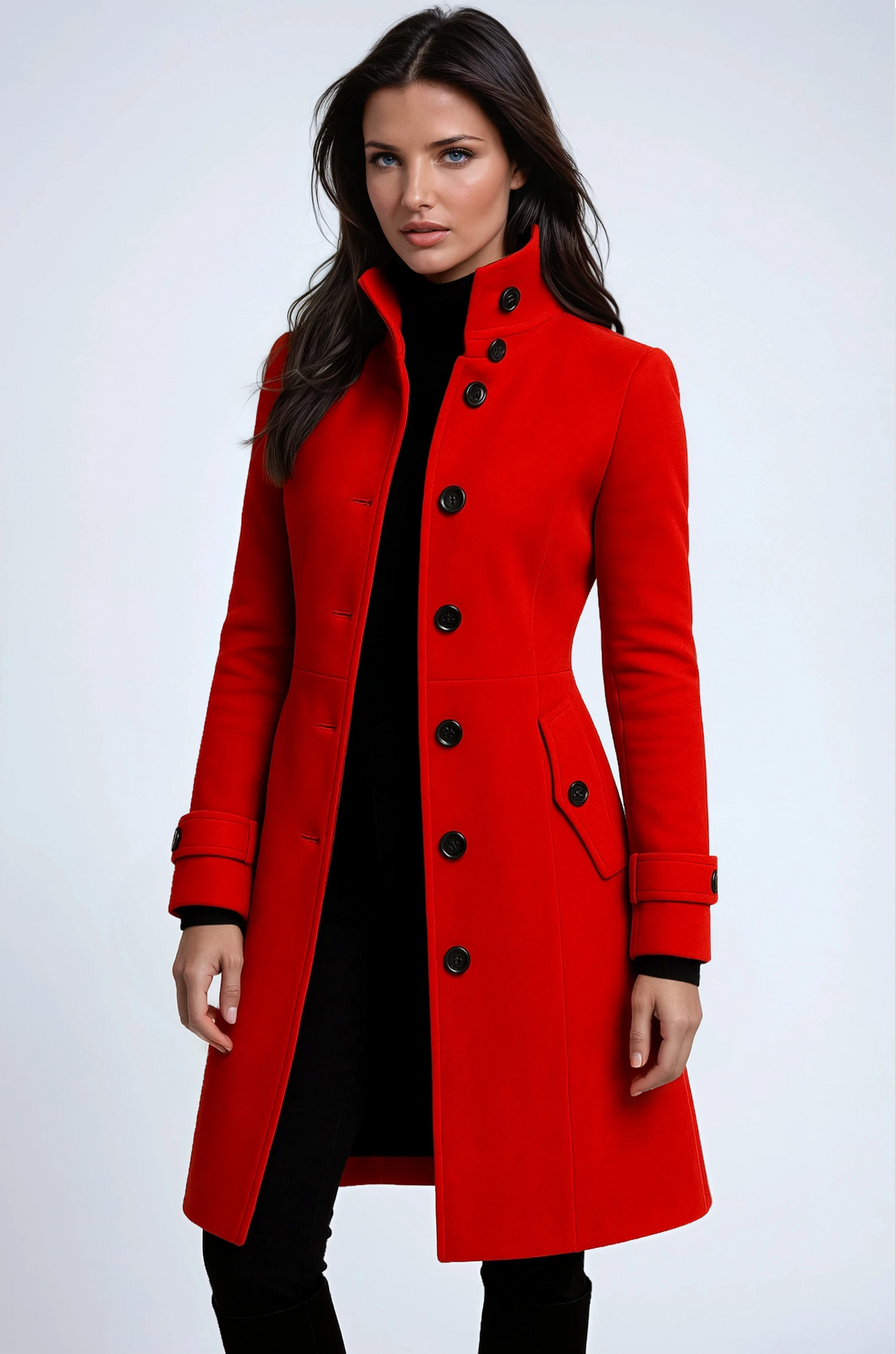 Trench long femme cintré à boutonnage classique et poches boutonnées 3