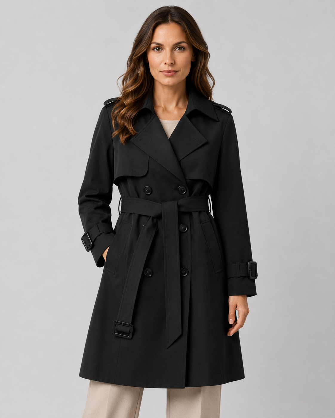 Trench long femme cintré à ceinture double boutonnage 1