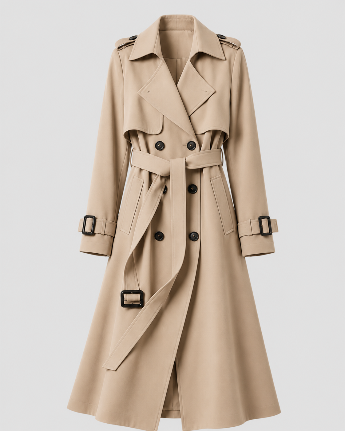 Trench long femme cintré à ceinture double boutonnage 4