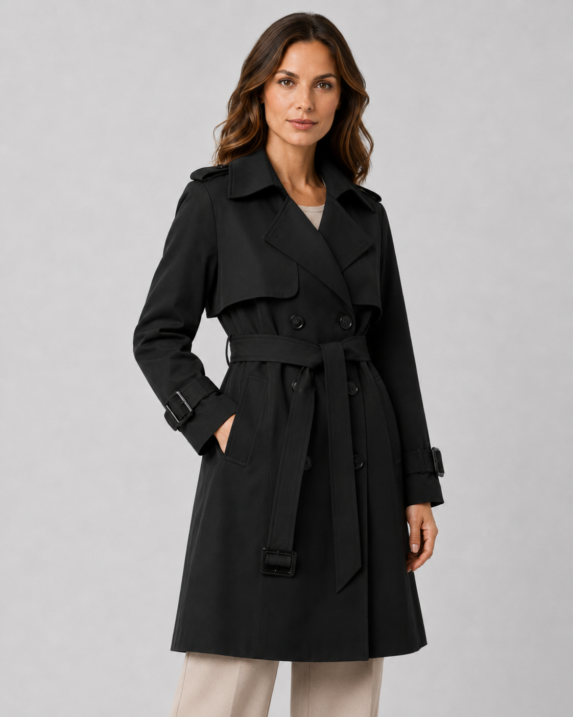 Trench long femme cintré à ceinture double boutonnage 5
