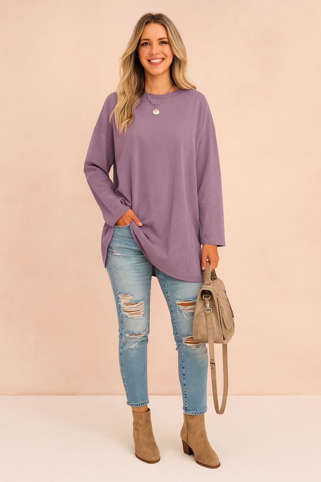 Tunique manches longues femme oversize à col rond et ourlet arrondi 1